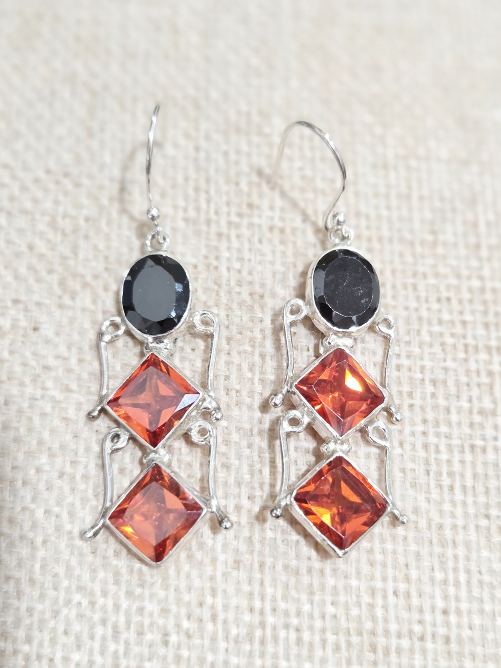 Elegant Silver Drop Earrings with Black and Red Stones